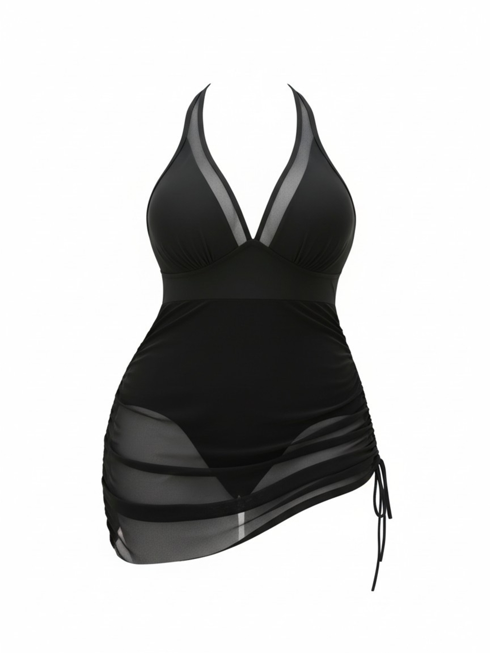 Black Mesh Halter Tank Swimsuit On